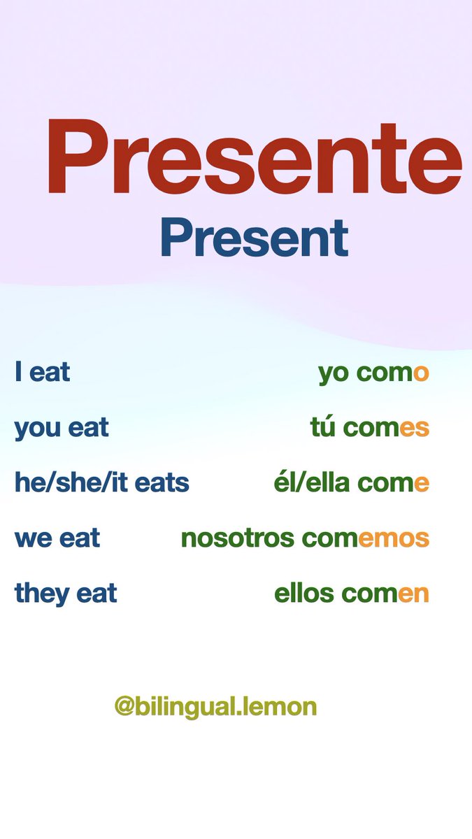 BilingualLemon's tweet image. Learn how to conjugate the verb “to eat” in Spanish 🇲🇽👀

Aprende a conjugar el verbo “comer” en español 🧑‍🏫
#learnspanish #spanishlearner #spanishclass #spanish #learningspanish #spanishtutor #spanishstudent