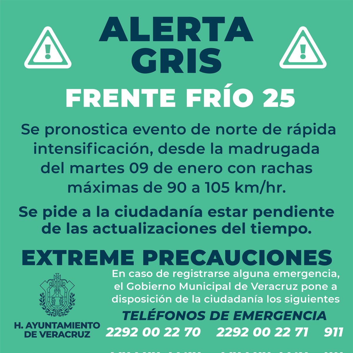 AyuntamientoVer's tweet photo. ⚠️ALERTA GRIS⚠️ Por frente frío 25, se pronostica desde la madrugada del martes 9 de enero, se tenga evento de norte con rachas entre 90 y 105 km/hr; extremen sus precauciones. 
En caso de emergencia, pueden comunicarse a los siguientes teléfonos: 2292002270, 2292002271 y el 911. https://t.co/yegjNu6iAe