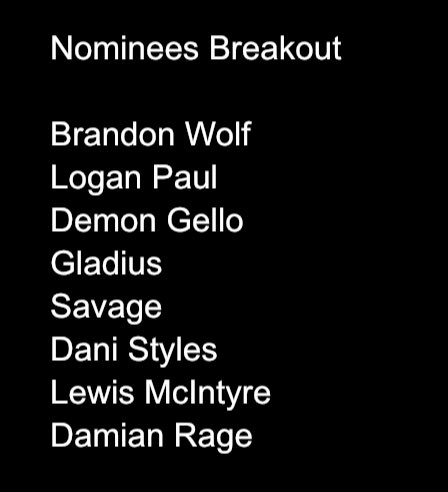 CrackjawRecords's tweet photo. KXW Breakout Star Of The Year Nominees

@BrandonWolfKXW 
Logan Paul 
Demon Gello 
Gladius (@Kapcaws) 
Savage 
@danistyleskxw 
Lewis McIntyre 
@DamianRage31708 

Award will be given out at New Years Execution!! https://t.co/z1oBBfodBf