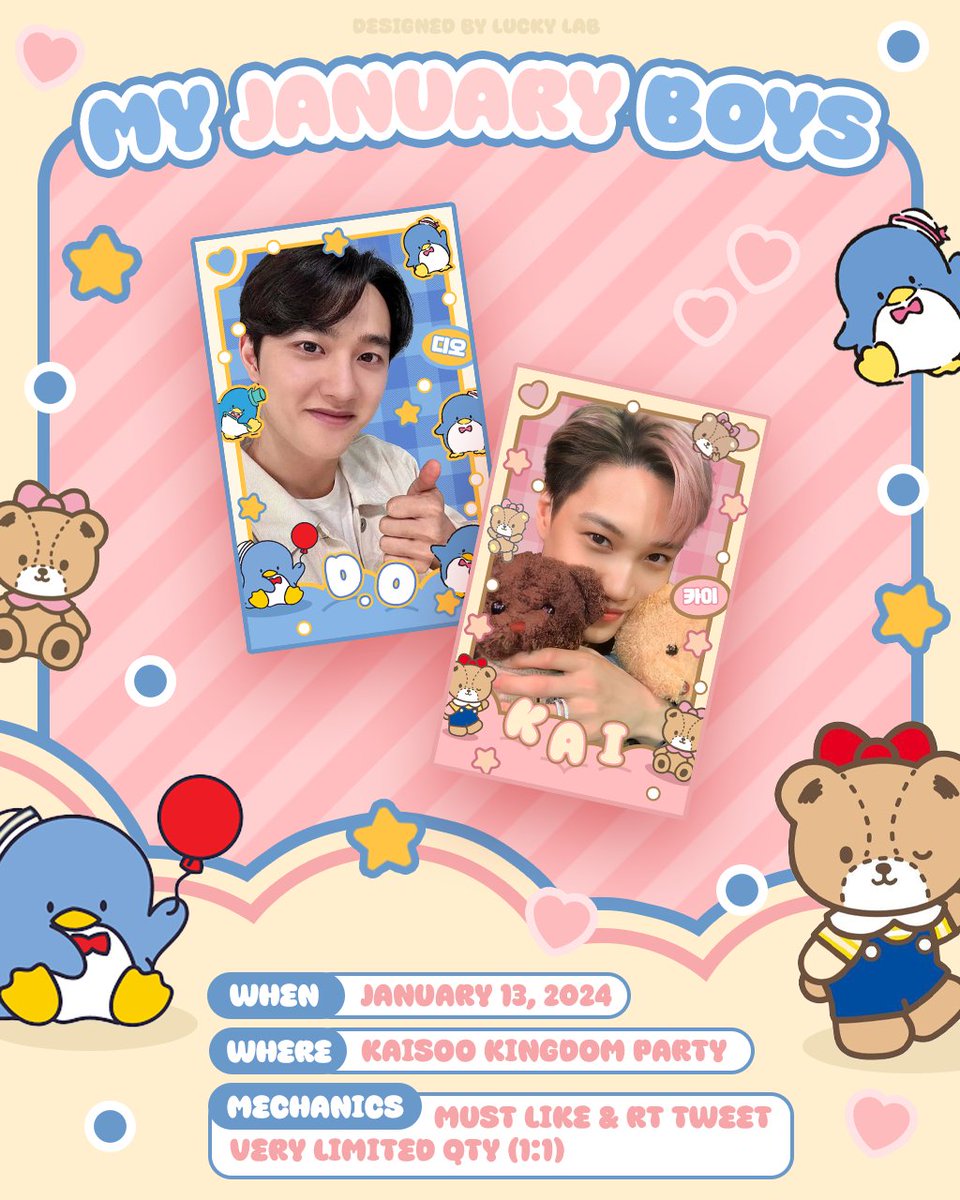 🐧🐻 𝙢𝙮 𝙟𝙖𝙣𝙪𝙖𝙧𝙮 𝙗𝙤𝙮𝙨
hi! will be giving out these sanrio themed kaisoo pcs for @ahgababie's kaisoo kingdom party 🫶

♡ like & rt, show proof upon claiming
♡ limited qty; 1:1 only
♡ will mention my loc on d-day! 

see you all .ᐟ