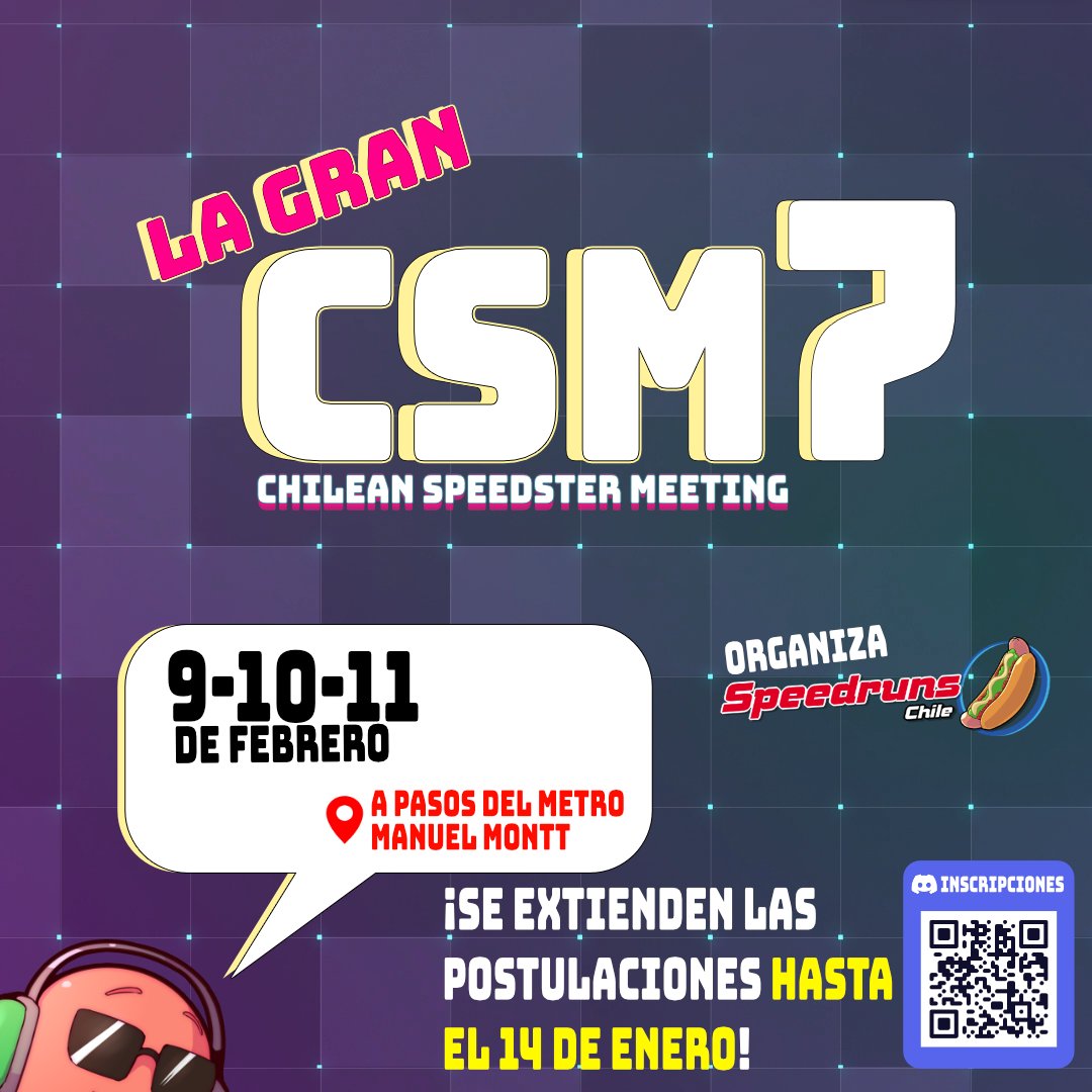 Para proporcionarle tiempo a ustedes y gente nueva interesada en el evento hicimos lo siguiente ... SE EXTIENDEN LAS POSTULACIONES HASTA EL 14 DE ENERO PARA LA CSM7!!!
También, confirmamos que el lugar de la CSM se encuentra a pasos del metro Manual Montt 

1/?