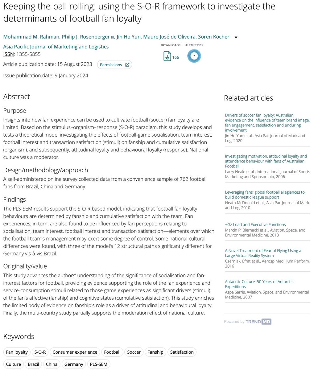 PJRosenberger3's tweet photo. Our #football fan loyalty #researchpaper now has a volume/issue number: 
Rahman, Rosenberger et al (2024). Keeping the Ball Rolling: Using the S-O-R Framework to Investigate the Determinants of Football Fan Loyalty. Asia Pacific Journal of Marketing and Logistics, 36(1), 122-147. https://t.co/QcYmDR29oS