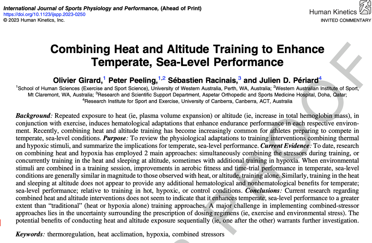 dr_o_girard's tweet photo. The addition of simultaneous heat and hypoxia does not enhance performance more than training with either thermal or hypoxic stimuli, or temperate training alone ! https://t.co/DVRTBzX3nA
