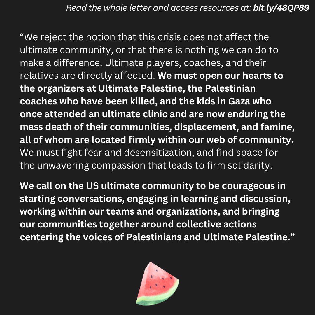 Jewish friends of Ultimate Palestine in the US came together to write a letter to the ultimate community expressing why they are standing in solidarity with Palestine. Read their whole letter and access resources on solidarity from a Jewish perspective at: bit.ly/48QP89