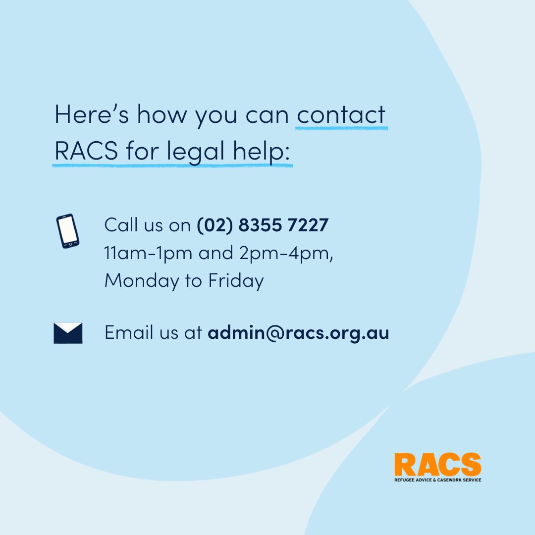 🟠 New year, new contact information!

Do you need protection visa, family reunion or citizenship help?

Here are the two simple ways you can reach out to RACS for free legal support 👇