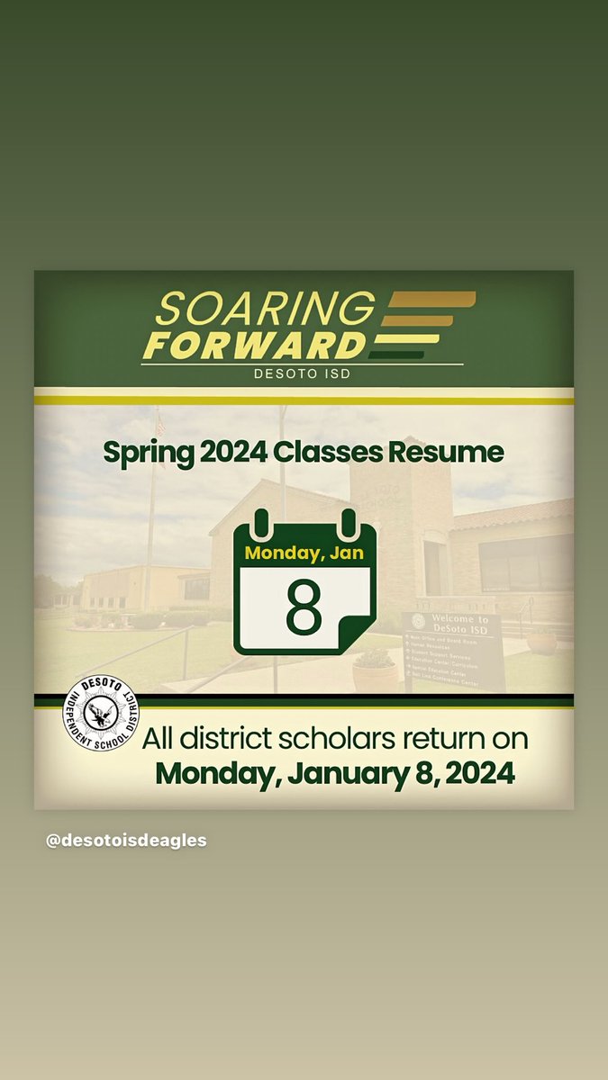 DeSoto ISD hopes staff &amp; scholars had a wonderful &amp; restful winter break.

We can’t wait to welcome scholars back bright &amp;  early for the first day of classes.

Go to be early.
Eat a good breakfast.
Arrive to school on time &amp; in uniform.

It’s time to #soarforward