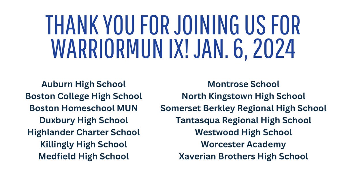 SeekonkModelUN's tweet photo. Thank you to all of our participating schools!  We hope you enjoyed #WarriorMUNIX and we look forward to seeing you next year!  @SeekonkHS  @SeekonkPS https://t.co/ZFRNCey78L
