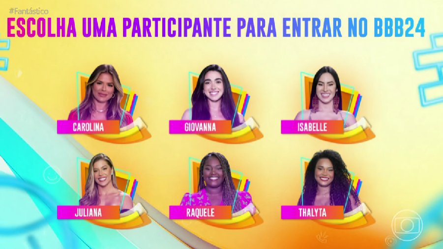 tracklist's tweet photo. Participantes femininas da dinâmica para entrar no #BBB24 

Carolina
Giovanna
Isabelle 
Juliana 
Raquele 
Thalyta https://t.co/4fbmfdNHhY