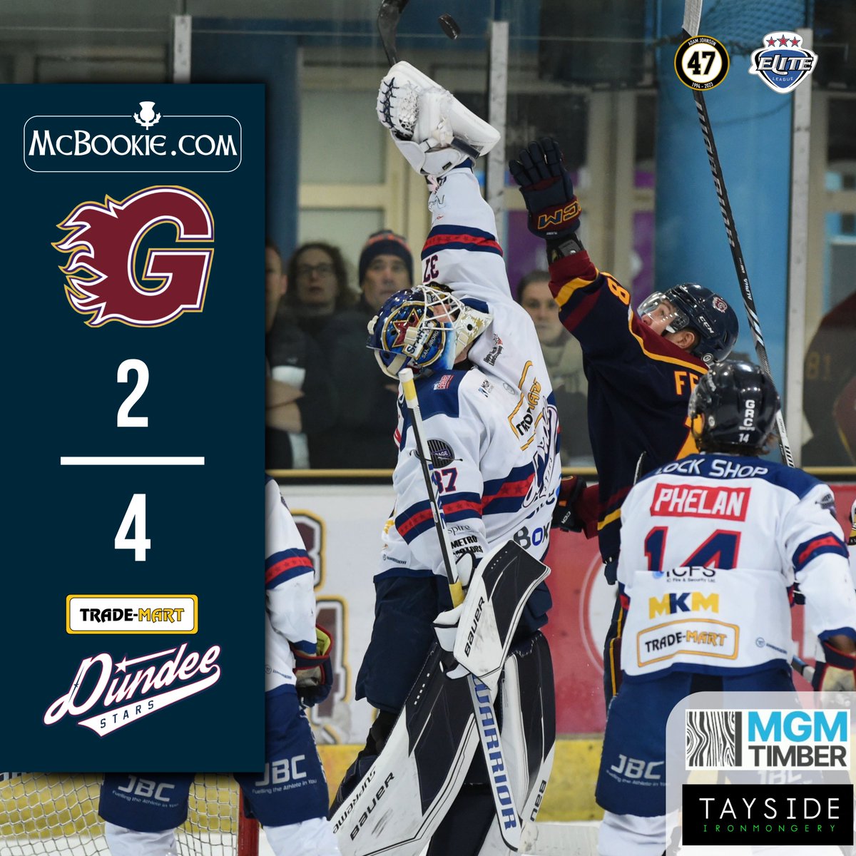 FINAL SCORE: Guildford Flames 2-4 Trade-Mart Dundee Stars

🚨 Drydn Dow
🚨 Ryan Valentini
🚨 Tommy Parrottino
🚨 Spencer Naas

📸 John Uwins

#COYStars