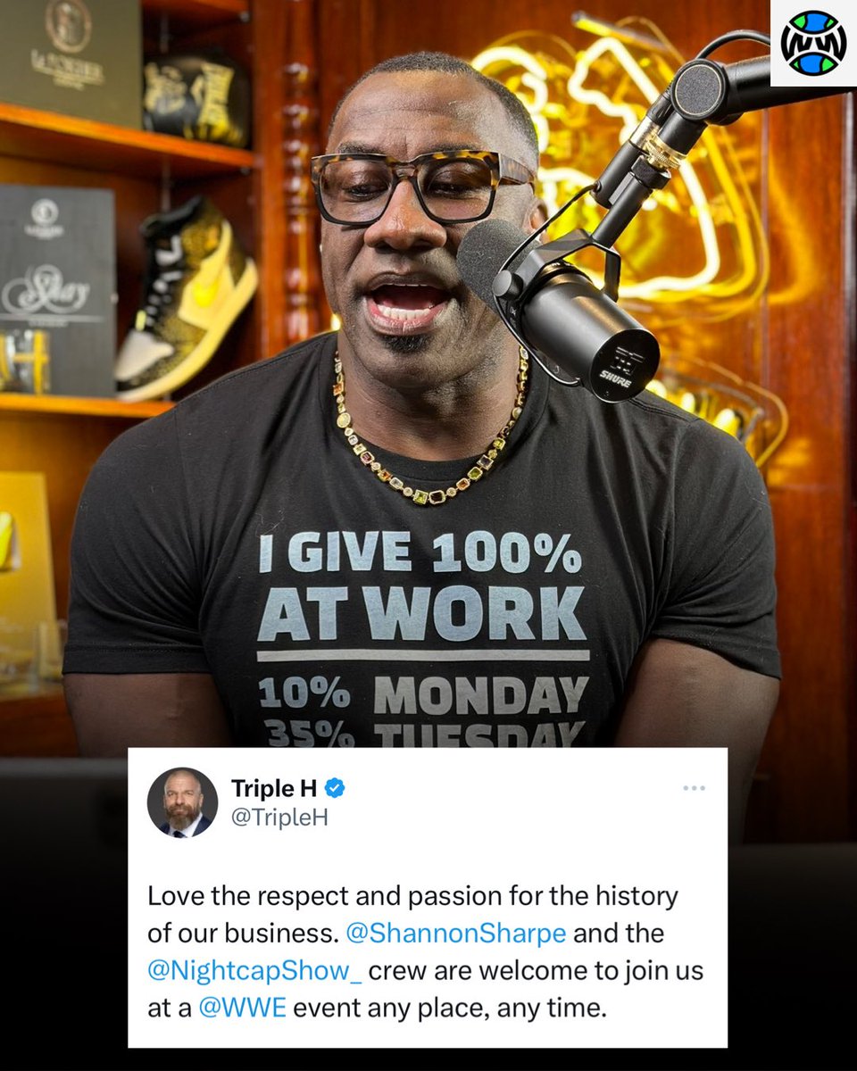WrestlingWCC's tweet photo. Triple H invites Shannon Sharpe and the Nightcap crew to any WWE event they’ll like to attend 🙌 https://t.co/1eMqr2KkP8