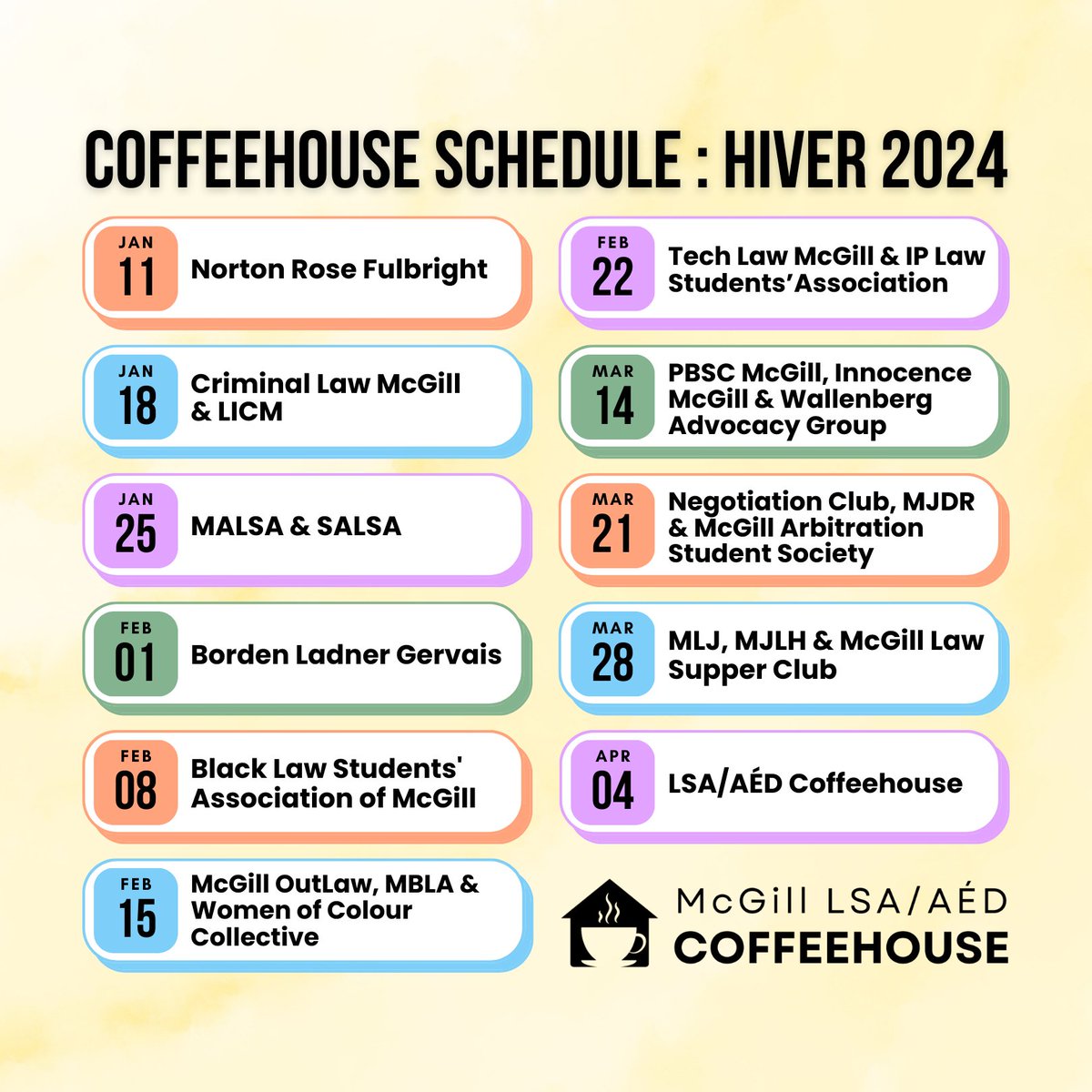 DRUM ROLL PLEASE 🥁 L'horaire des coffeehouses pour l'hiver 2024 est maintenant disponible 🍾 Join us this Thursday at 5PM in the atrium for our second coffeehouse of the year ✨