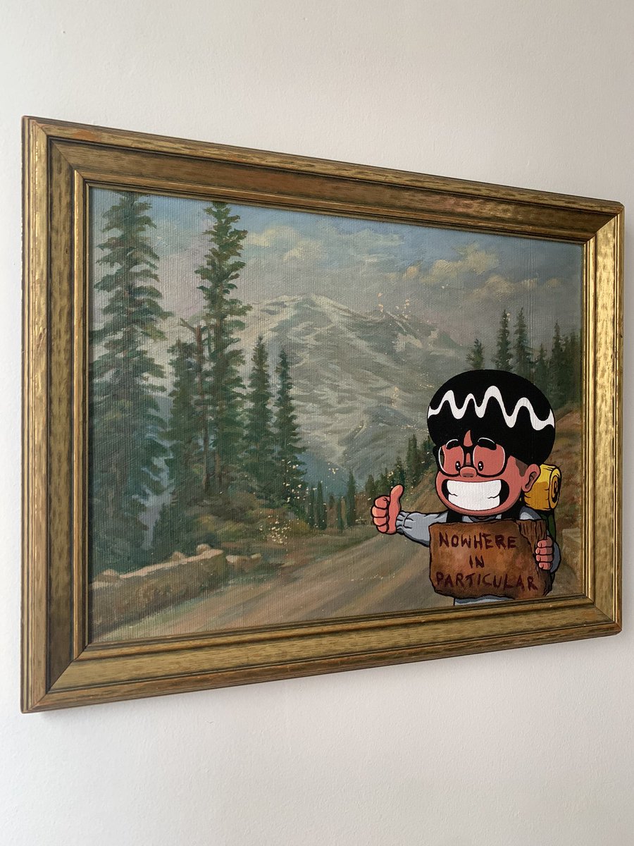 “The Journey Is The Destination,” acrylic on antique painting, 18.5” x 23.5”, 2024