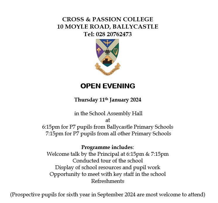 🚨 OPEN NIGHT 🚨 THURSDAY 11th JANUARY Looking forward to welcoming all the P7 pupils from all our local feeder primary schools to CPC on Thursday evening. We will have 2 sessions 6.15pm - all Ballycastle Primary pupils 7.15pm - all other Primary pupils #transition