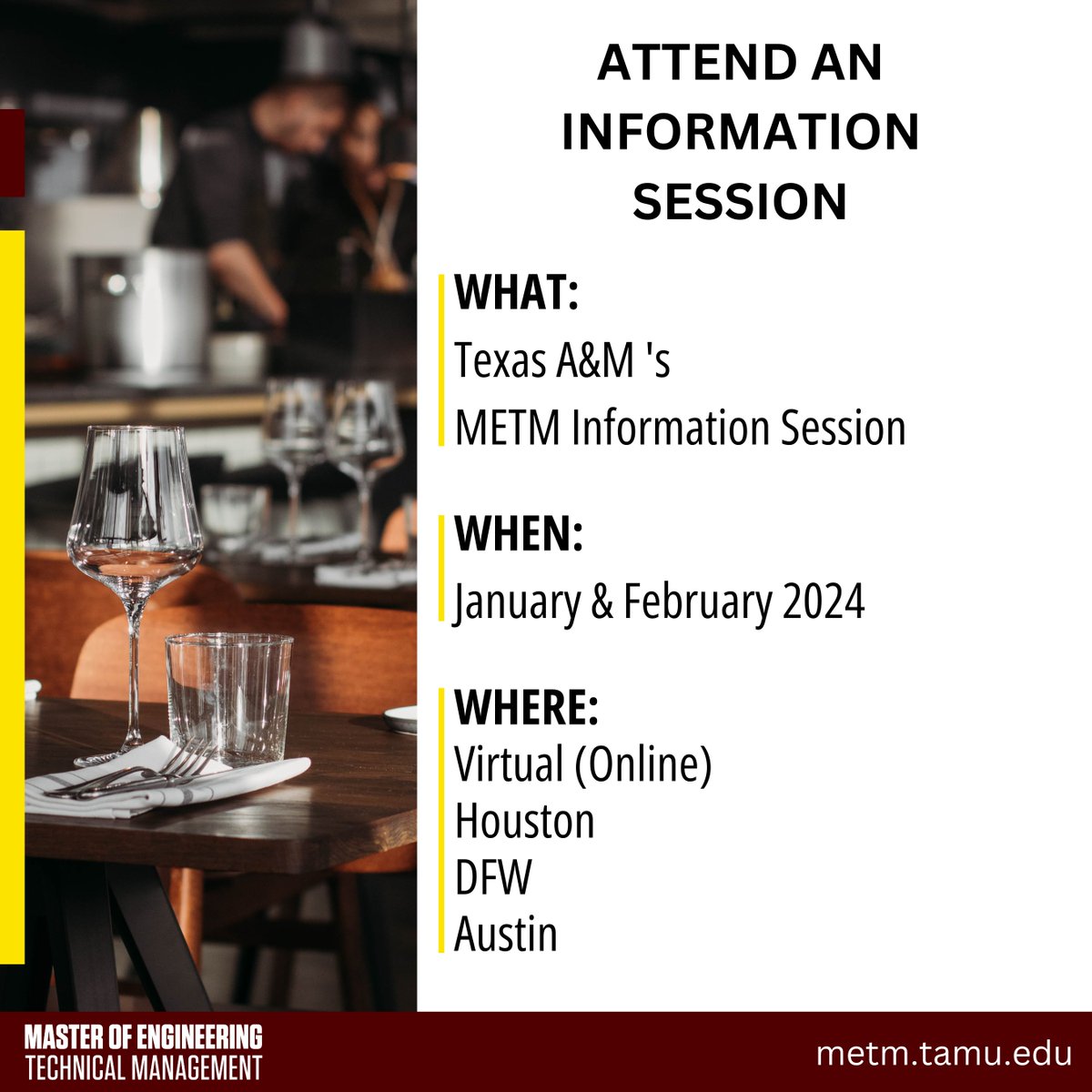 tamumetm's tweet photo. Advance in your career with Texas A&M's Master of Engineering Technical Management.
#TexasAM #TAMU #METM #engineeringleadership #engineeringmanagement https://t.co/6F9wrzXUj8