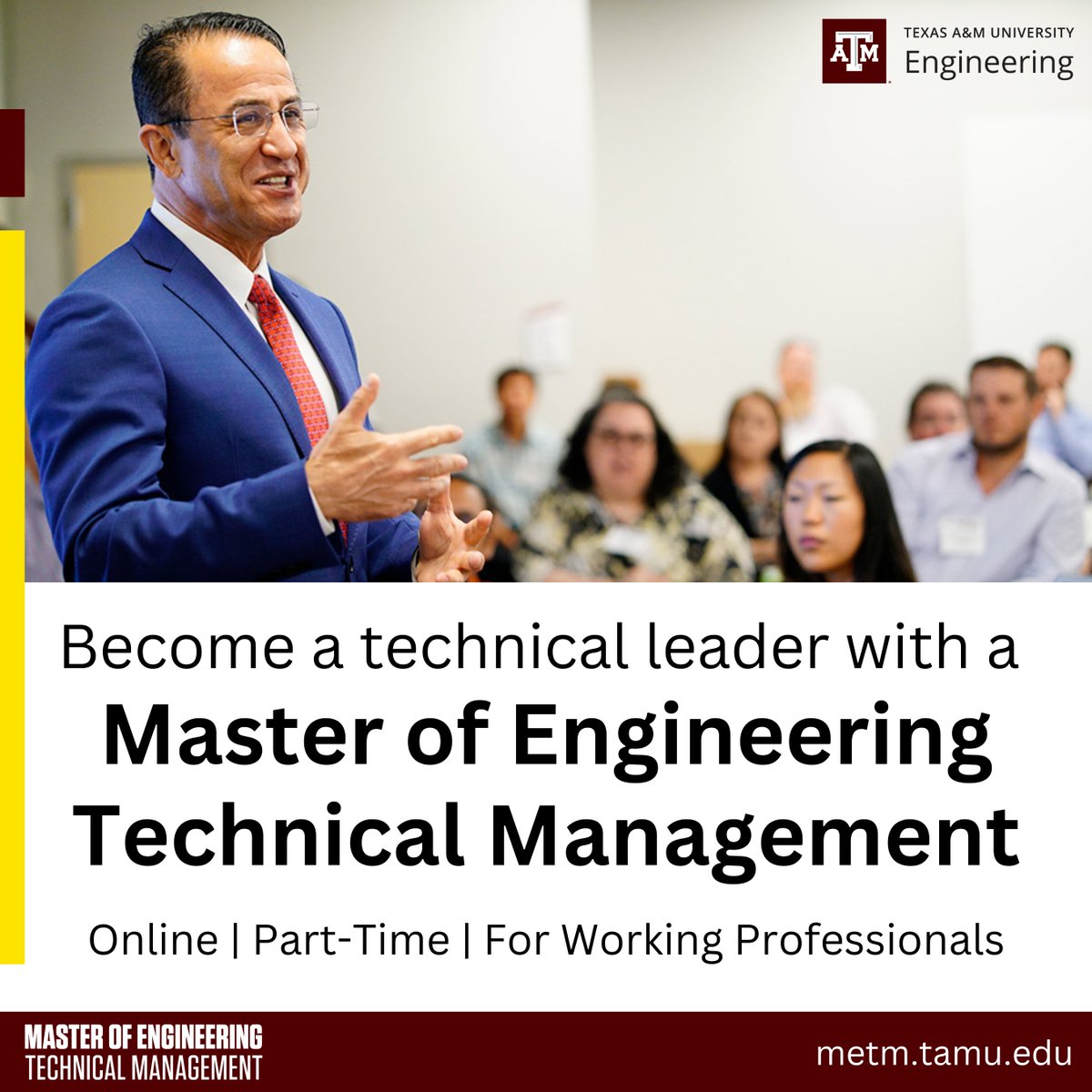 tamumetm's tweet photo. Advance in your career with Texas A&M's Master of Engineering Technical Management.
#TexasAM #TAMU #METM #engineeringleadership #engineeringmanagement https://t.co/6F9wrzXUj8