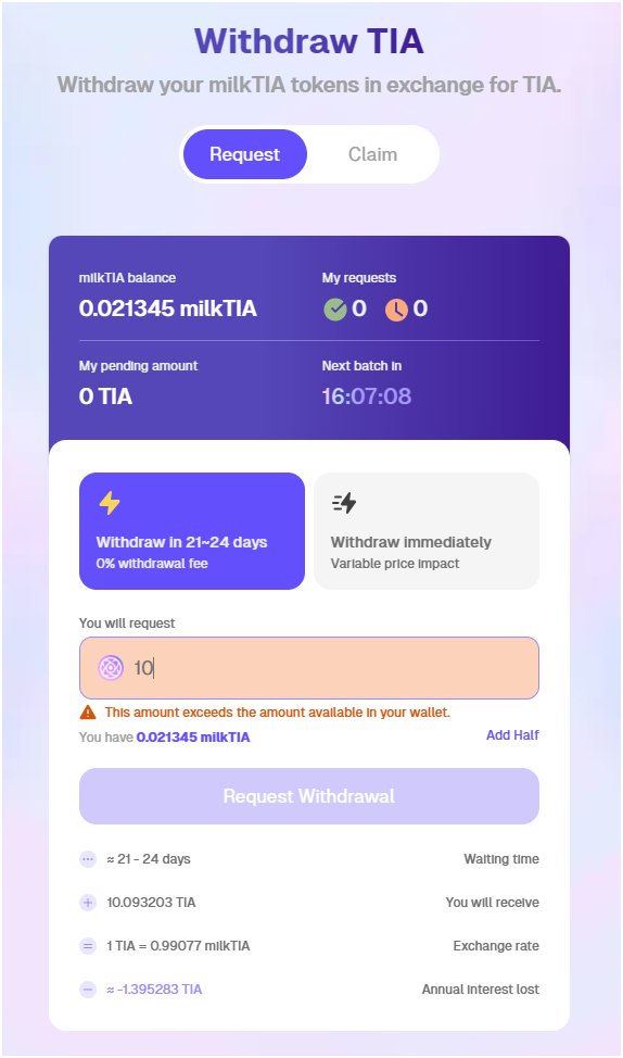 phtevenstrong's tweet photo. 69% fixed rate APR on $TIA

1) swap $TIA for $milkTIA
2) go to @milky_way_zone and start unstaking
3) Wait 21-24 days
4) Receive 4.55% more TIA than you started with
5) Repeat

• No impermanent loss
• No variable APRs
• No monitoring / management required