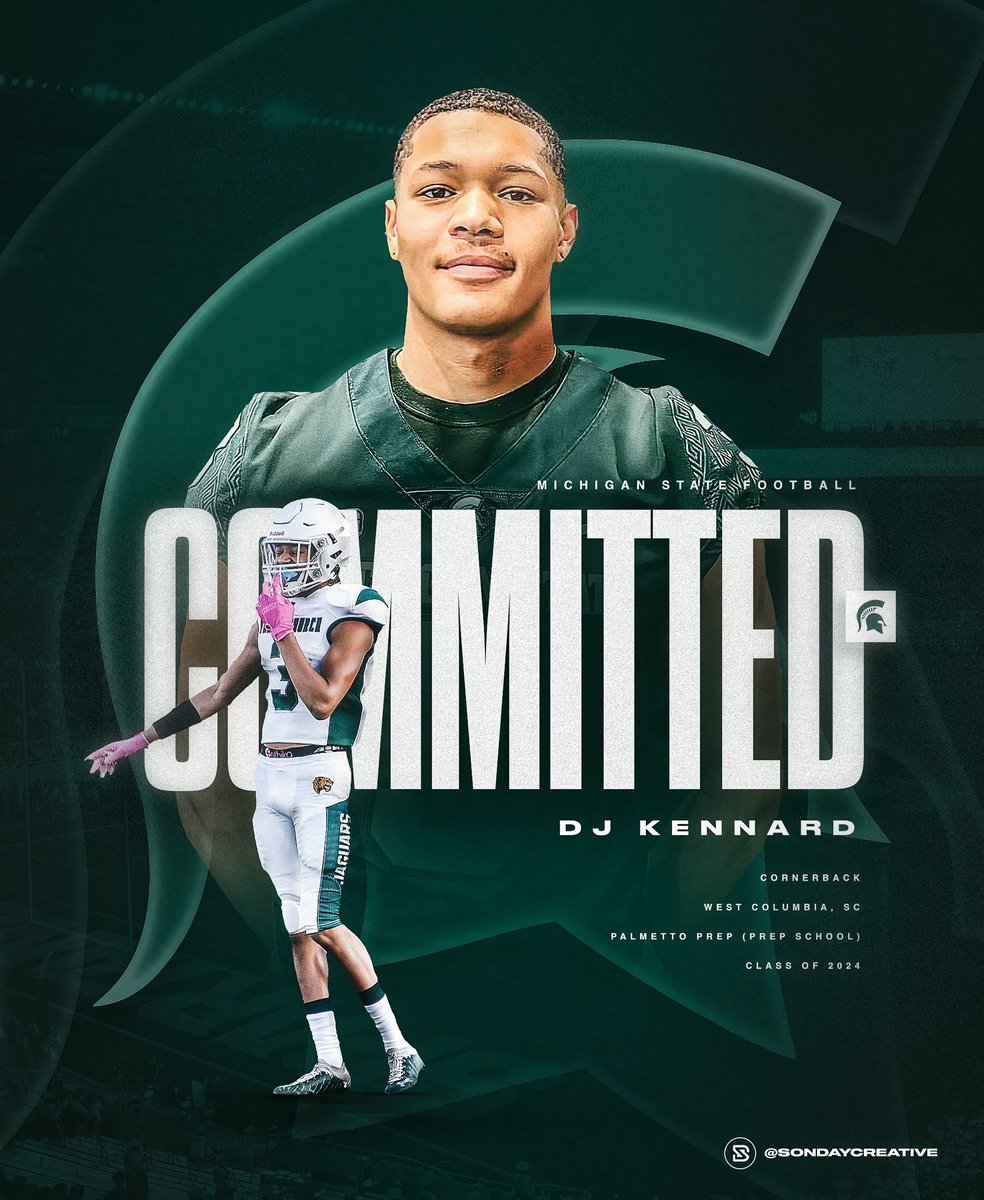 djkennardfb's tweet photo. I am blessed to announce my commitment to Michigan State University! I want to thank my family, coaches, and mentors for getting me to where I need to be. I am ready to continue working hard to represent Michigan State with dedication and perseverance. Go Green! @MSU_Football @JoeMento @FCjagsfootball @coachweaver13 @DBcoachadams @PalmettoPrepMM