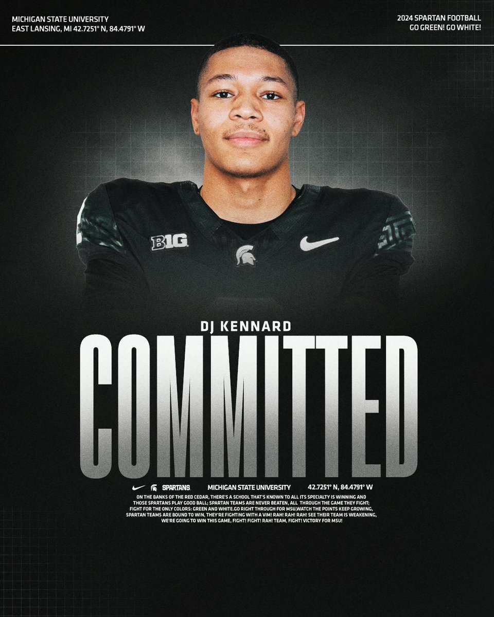 djkennardfb's tweet photo. I am blessed to announce my commitment to Michigan State University! I want to thank my family, coaches, and mentors for getting me to where I need to be. I am ready to continue working hard to represent Michigan State with dedication and perseverance. Go Green! @MSU_Football @JoeMento @FCjagsfootball @coachweaver13 @DBcoachadams @PalmettoPrepMM