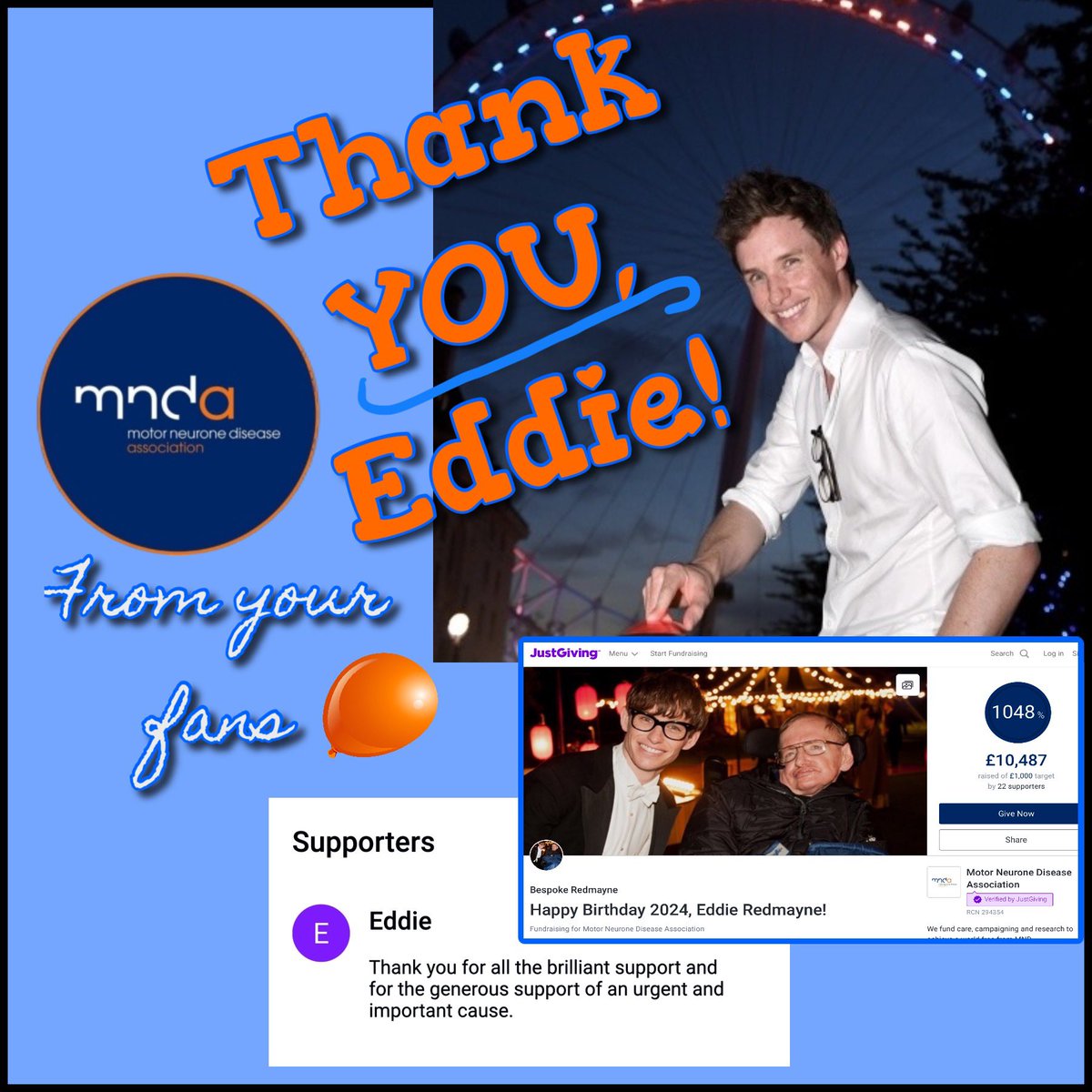 Happy44thEddie's tweet image. EddieRedmayne has thanked fans for the annual birthday fundraiser for @MNDAssoc—but Eddie himself made it a huge success through his generous donation. It’s not too late to support Eddie’s patronage + to raise funds +awareness of this brutal disease. Visit JustGiving.com/page/HappyBirt…