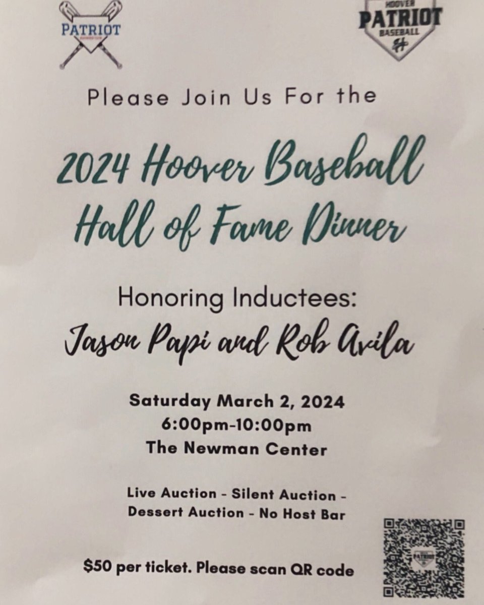 It’s that time of year!  As we look to the future we honor the past.  Get your tickets for the Hoover Baseball HOF Dinner and Silent Auction. Join us as we honor class of ‘96 stars Rob Avila and Jason Papi. Scan the QR code to reserve your seat now!