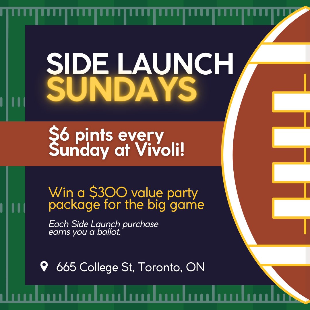 Toronto, we've got your Sunday plans locked and loaded! Enjoy $6 pints every Sunday at @torontovivoli. For each #SideLaunch purchased, you'll score a ballot for our grand prize - the ultimate party package for the big game ($300 value)! 🏈🍻 

📍 665 College St, Toronto ON