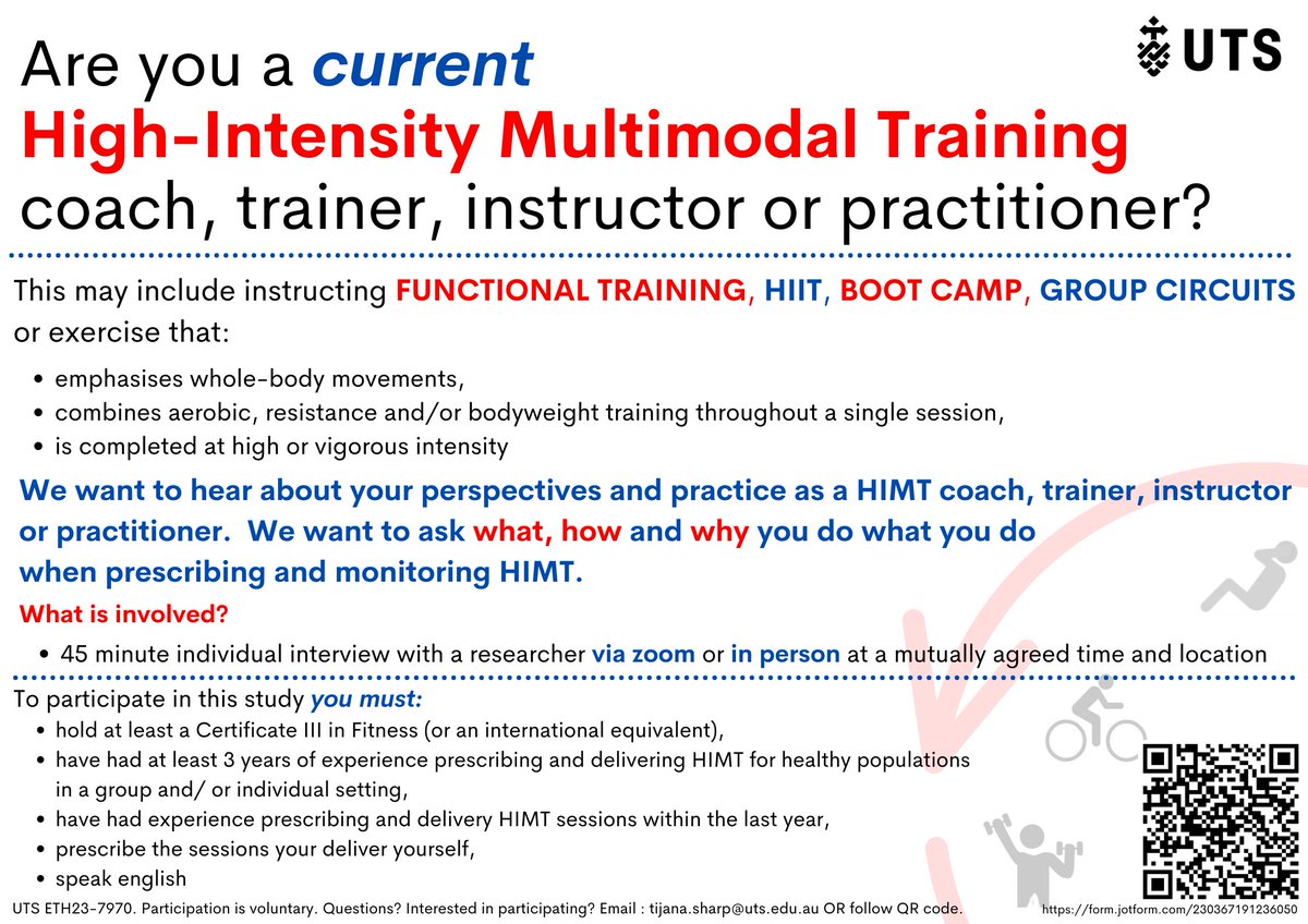 Tijana Sharp (@tijana_sharp) on Twitter photo Are you a group fitness, boot camp, circuit training or CrossFit coach? We are interested in hearing about your perspectives and practice as a coach.
Please express your interest to tijana.sharp@uts.edu.au or via the QR code in the flyer attached. Are you a group fitness, boot camp, circuit training or CrossFit coach? We are interested in hearing about your perspectives and practice as a coach.
Please express your interest to tijana.sharp@uts.edu.au or via the QR code in the flyer attached.