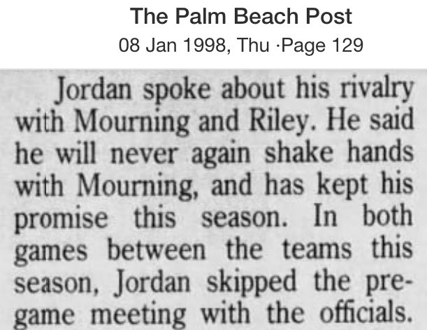 MythNix's tweet photo. #OTD, 1/7/98
MIA beat MJ by 27.

MJ got 26, on 27 shots, 46% TS%. -23.

He took 5 shots down by 20+ in the 3rd.

MJ now had 75 straight MP vs the Heat w/o being called for a foul; proving Riley’s previous complaints right.

MJ still refused to shake hands with Mourning. 🤔

1/2 https://t.co/efIaE7pzYH