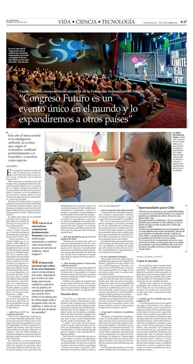 Guido Girardi (@guidogirardi) on Twitter photo Este año el tema central de <a href="/congresofuturo/">Congreso Futuro</a> es la #InteligenciaArtificial, un avance que cambiará profundamente a la sociedad y a nosotros como especie.
Te invito a leer el artículo completo de Vida, Ciencia y Tecnología de El Mercurio, en este enlace:
digital.elmercurio.com/2024/01/07/A/0… Este año el tema central de <a href="/congresofuturo/">Congreso Futuro</a> es la #InteligenciaArtificial, un avance que cambiará profundamente a la sociedad y a nosotros como especie.
Te invito a leer el artículo completo de Vida, Ciencia y Tecnología de El Mercurio, en este enlace:
digital.elmercurio.com/2024/01/07/A/0…