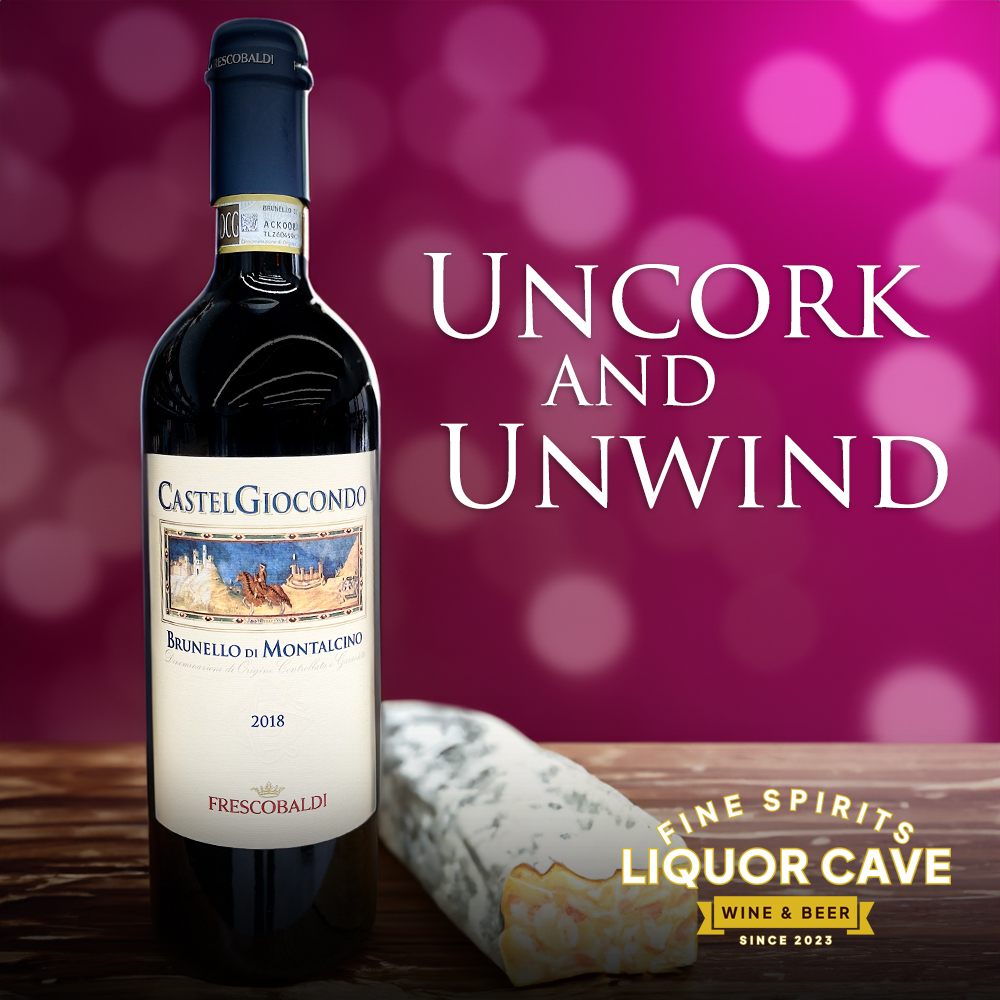 Castelgiocondo 2018 Brunello Di Montalcino is a 100% Sangiovese with intense shades of ruby red with a nose dominated by blueberry and blackberry, flanked by blackcurrant and other berries. A true classic. Grab this incredible wine while you can at Liquor Cave today!