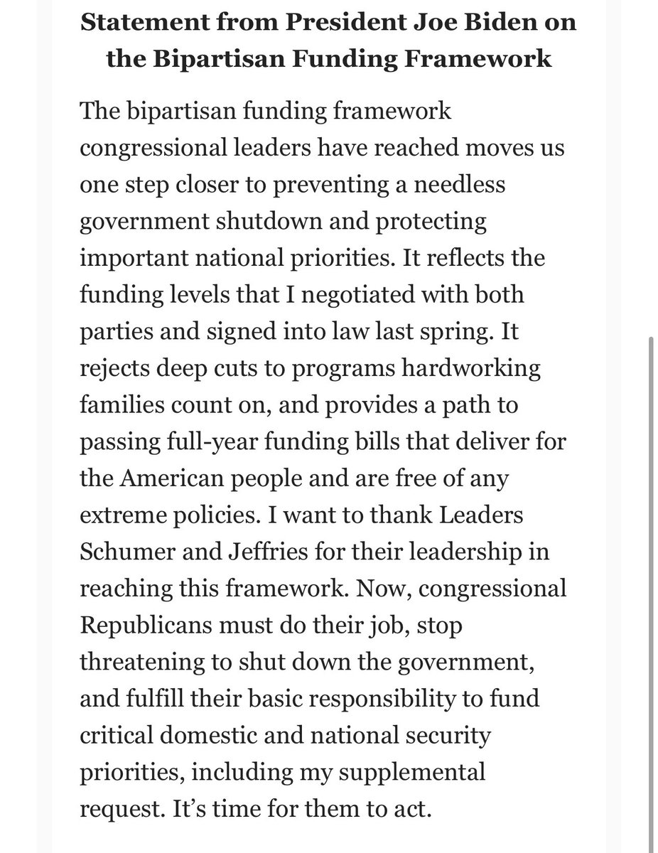 JakeSherman's tweet image. White House statement on Johnson Schumer deal.
