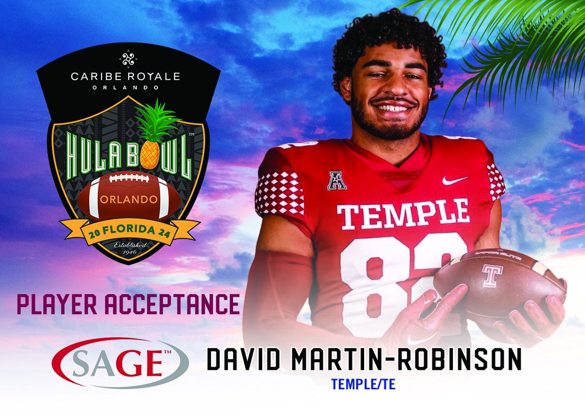 David Martin-Robinson @Dmr717_ the soft handed tight end from @Temple_FB has accepted his invitation to play in the 2024 @CaribeRoyale Orlando #HulaBowl @DraftDiamonds @SageCards