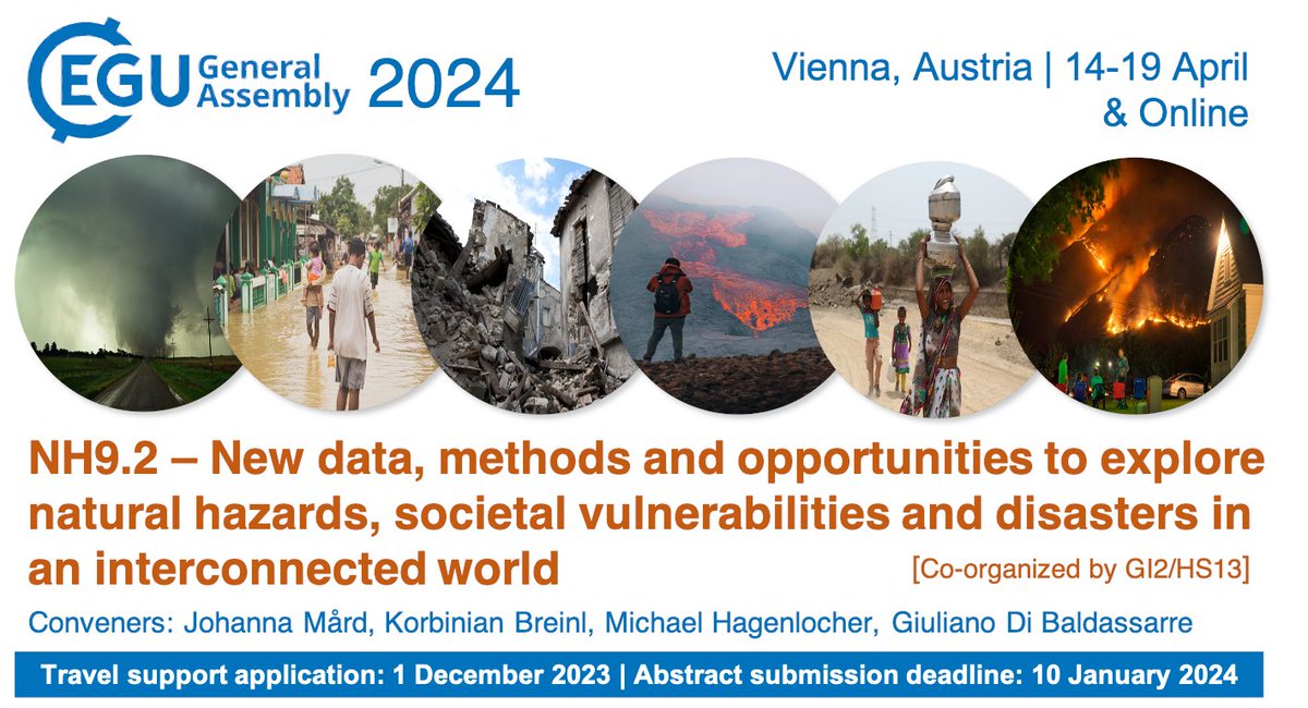 Working on the interplay between #naturalhazards and social #vulnerability? 🌪🏜🌋🌊🏚🏘👥🫂🌍
Consider our session NH9.2 
Deadline for abstracts to #EGU24
⏳10 January (13:00 CET)