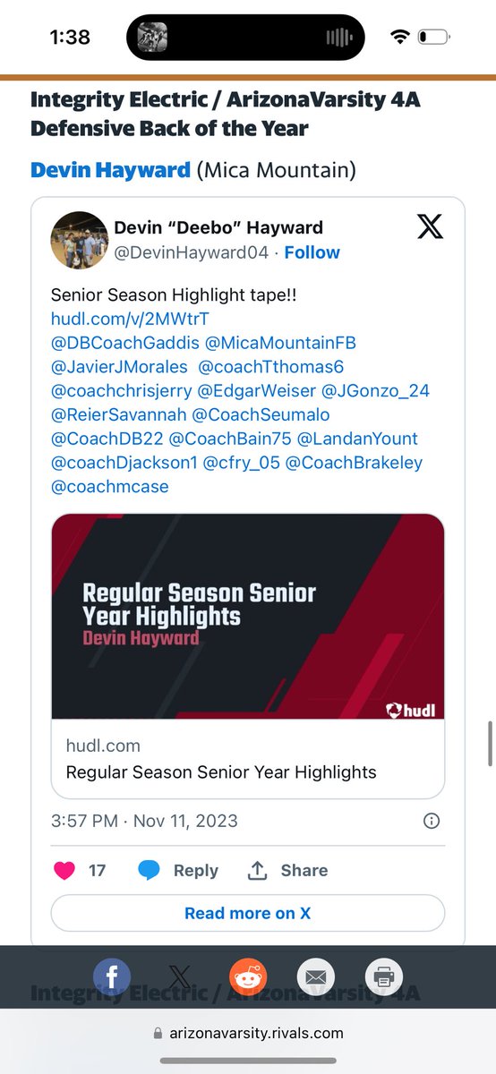 DevinHayward04's tweet photo. Happy to be named 4a DB of the year!!
@AZHSFB @DBCoachGaddis @MicaMountainFB @Coach_SBrown @tauer34 @Coach_Sims1 @Coach_TSanchez @coachTthomas6 @NMHUcoachrhud @tstepsis @coach_bhickman @CoachKelleyLee @CoachPron14 @CoachGlas05 @Coach_DiRi https://t.co/CmcRizPdR8