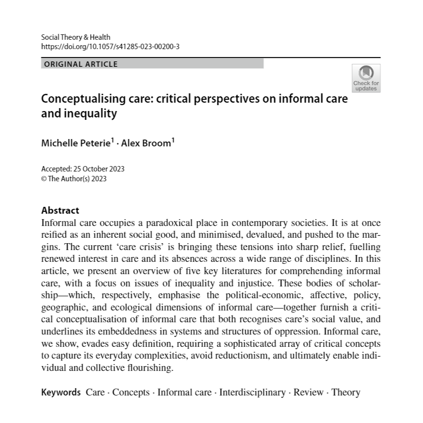 Dr Michelle Peterie (@michpeterie) on Twitter photo 📢My latest article with <a href="/BroomAlex/">Alex Broom</a> came out over the break. It provides an overview of 5 key literatures for theorising #care, including its political-economic, affective, policy, geographic & ecological dimensions. Open access in Social Theory & Health rdcu.be/dtKb3 📢My latest article with <a href="/BroomAlex/">Alex Broom</a> came out over the break. It provides an overview of 5 key literatures for theorising #care, including its political-economic, affective, policy, geographic & ecological dimensions. Open access in Social Theory & Health rdcu.be/dtKb3