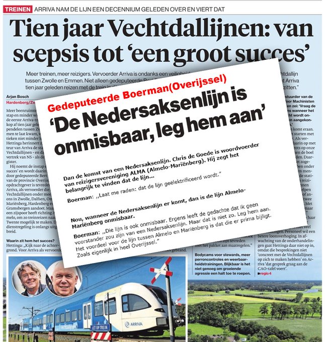 cdgkampen's tweet photo. @NS_online @reizigersalma is verbijstert over het onverantwoorde gedrag van staatsecretaris Heijnen en minister Harbers om geen € 25-30 miljoen te gunnen voor elektrificatie spoor Almelo-Hardenberg (26km) en hiermee de Nedersaksenlijn, ook als omrijroute Meppel naar Groningen blokkeert https://t.co/bz6n3tXf6j