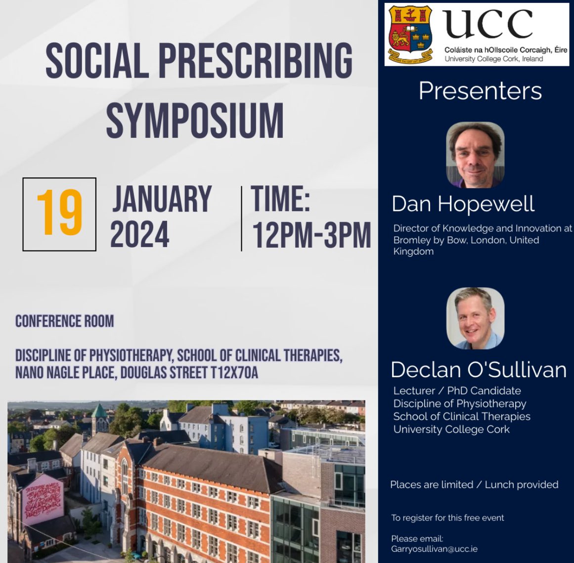 Upcoming at @uccphysio @UCC NanoNaglePlace. #Socialprescribing @HopewellDan @Bromley_by_Bow Places limited. Free Event.