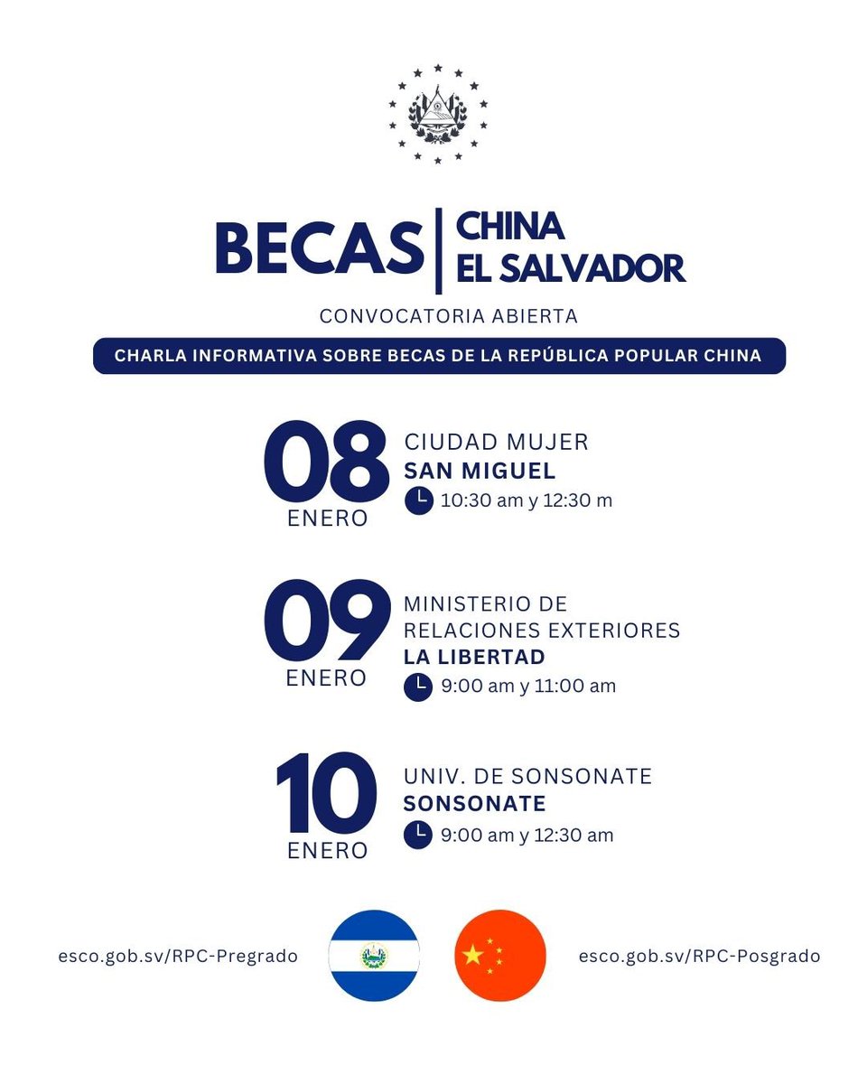 AgenciaEsco's tweet photo. 📚#Becas | Recuerda, el día de mañana estarémos brindando información sobre la convocatoria de becas para estudiar en la República Popular China 🇨🇳 

🗓️ 8 de enero
📍Ciudad Mujer, San Miguel
🕦 10:30 am y 12:30 m

💻 https://t.co/Dj8SezGtoI https://t.co/fS8jHvMWUk
