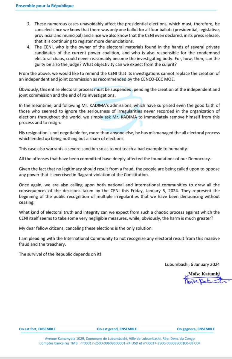 Mes chers compatriotes, il n’y a pas d’autres solutions que d’annuler ce simulacre d’élections.
L’intérêt de la République 🇨🇩en dépend !

Retrouvez ma déclaration ci-dessus / my statement below 👇🏽