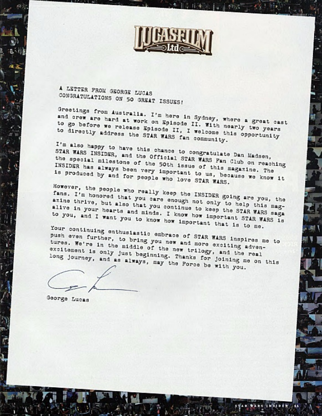 AirlockOpen's tweet photo. George Lucas letter...written AFTER TPM thanking the fans for 50 issues of SWI. https://t.co/NHBB8spNlD