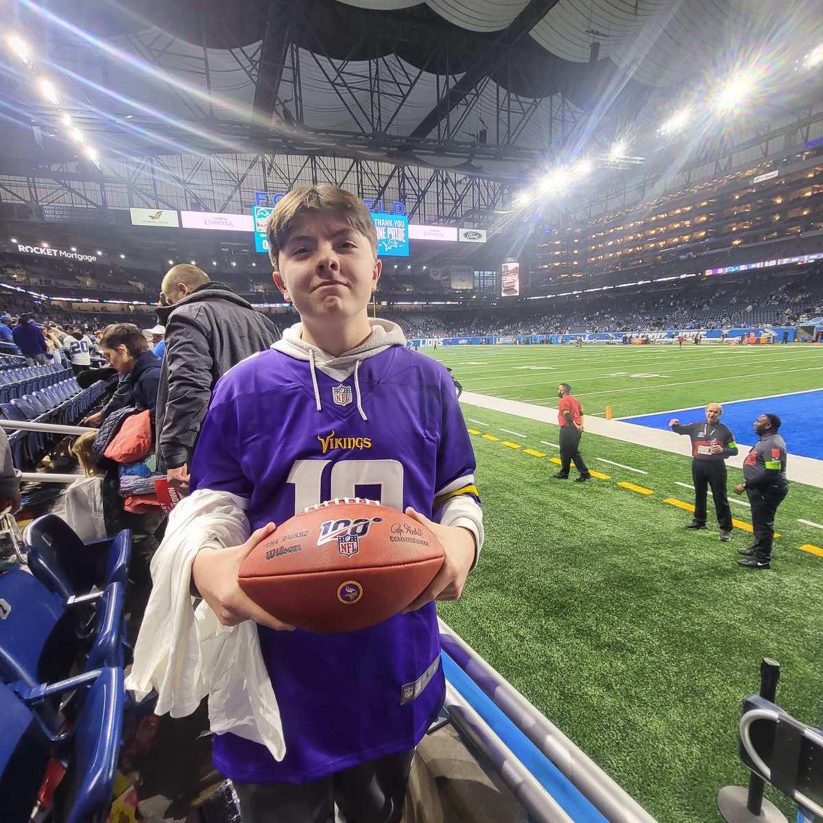 spartykids's tweet photo. Sometimes you really get what you give. And I must say this young man gives so much to The @Vikings. His love,
his passion, his devotion. And today one of the #vikings equipment crew came to him after the game and handed him this ball! #Skol #kindnessmatters #camman #onepride @twinmom08 #NFL