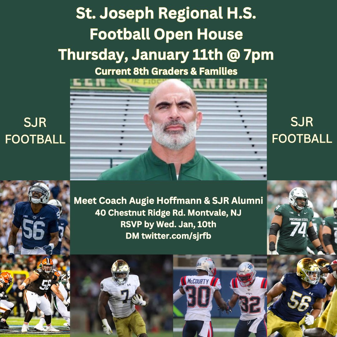 SJR Football (@sjrfb) on Twitter photo SJR Football Open House - Thursday, Jan. 11th @ 7pm.
Meet New Coach Augie Hoffmann and SJR Alumni.
Current 8th Graders & Families. Hope to see you there! <a href="/SJRFB/">SJR Football</a> SJR Football Open House - Thursday, Jan. 11th @ 7pm.
Meet New Coach Augie Hoffmann and SJR Alumni.
Current 8th Graders & Families. Hope to see you there! <a href="/SJRFB/">SJR Football</a>