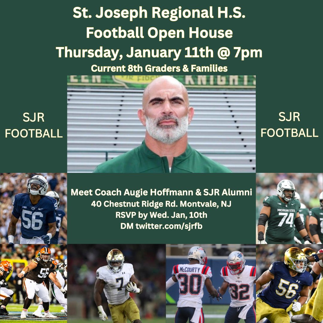 SJR Football Open House - Thursday, Jan. 11th @ 7pm. Meet New Coach Augie Hoffmann and SJR Alumni. Current 8th Graders & Families. Hope to see you there! @SJRFB