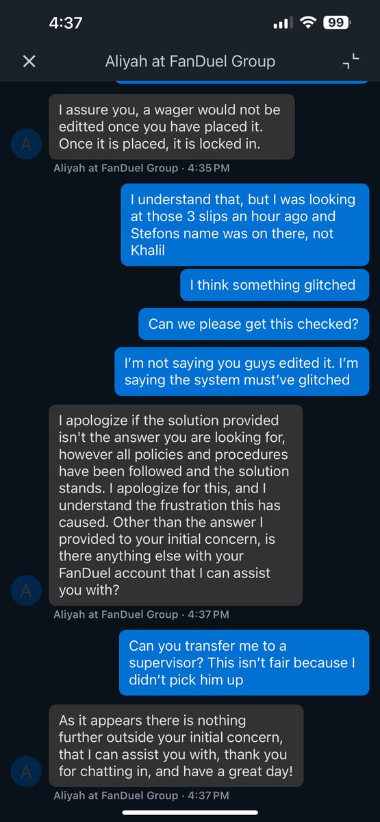 TheVengefulHand's tweet photo. @FDSportsbook @NFL Hey Fanduel, your representatives need better training. This is bullshit https://t.co/3QBcXFNscd