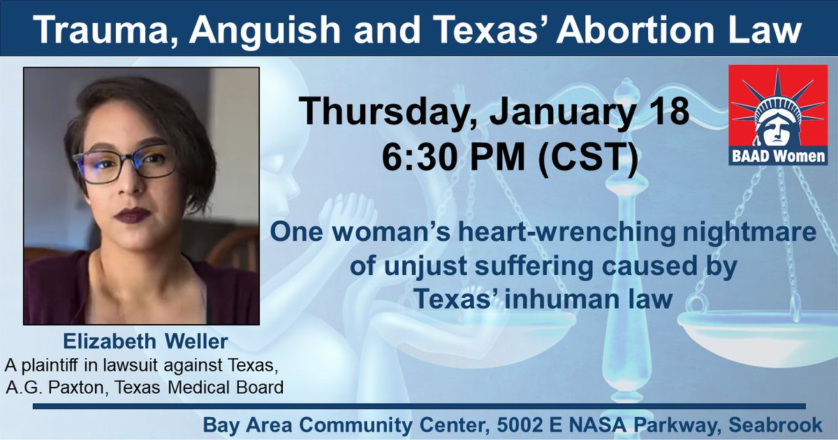 baad_women's tweet photo. Elizabeth is one of 20 women &amp; 2 physicians involved in a lawsuit to force TX to clarify the medical exceptions to its abortion laws, arguing the existing bans do not protect women with complicated or life-threatening pregnancies. #abortionrights #txlege https://t.co/drQvYVGXAW