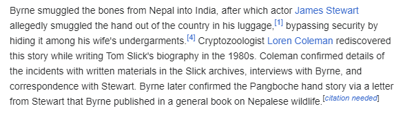 I feel we don't talk enough about how James Stewart smuggled a yeti hand out of India by hiding it in his wife's underwear