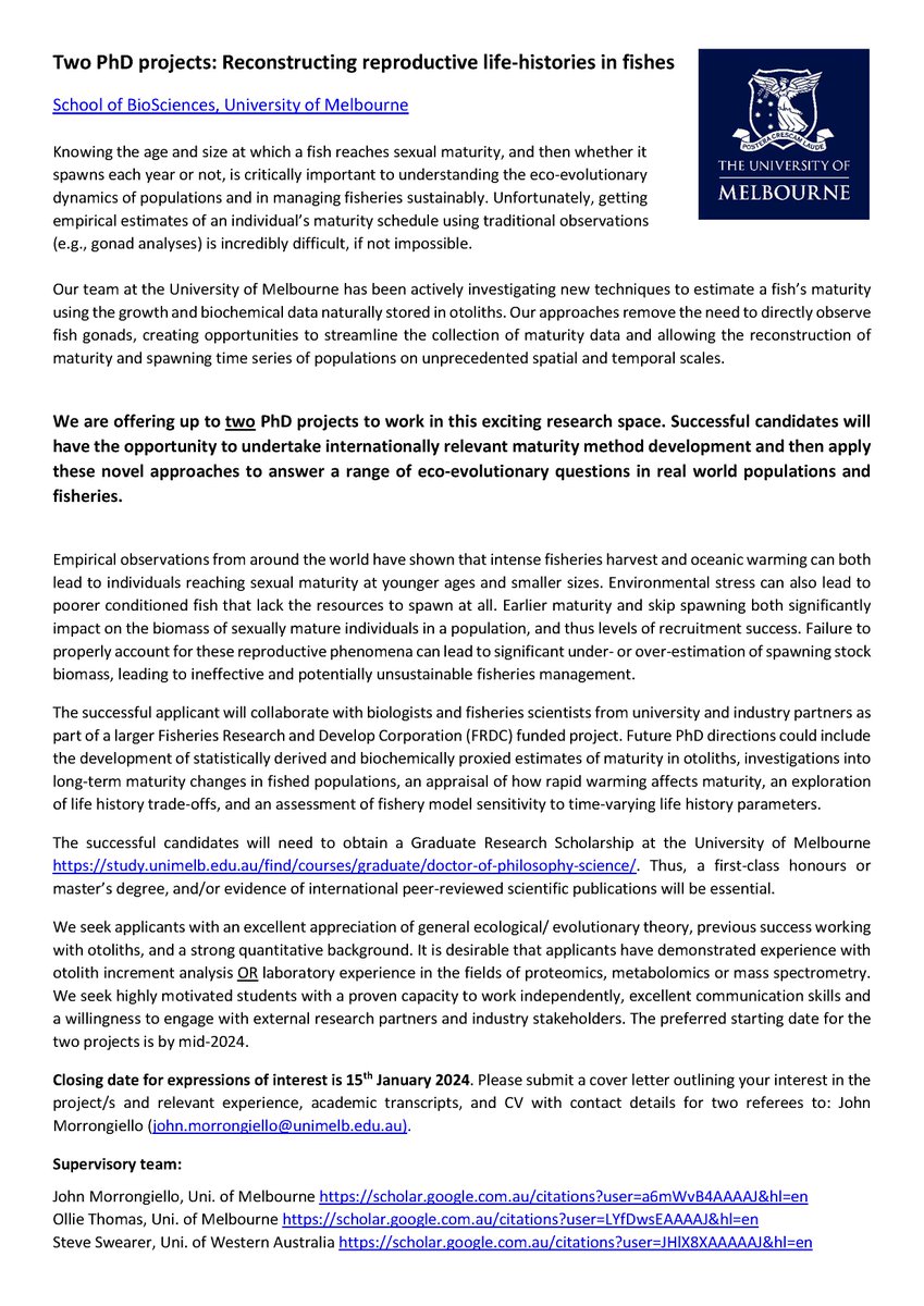AustSocFishBiol's tweet photo. PhD OPPORTUNITIES: Reconstructing reproductive life-histories in fishes

@UniMelb is seeking up to 2 PhD students who will help develop novel fish maturity assays using the growth &amp; biochemical information naturally stored in otoliths.

🚨EOIs close 15th Jan🚨

Details attached! https://t.co/tVXABmtYXw