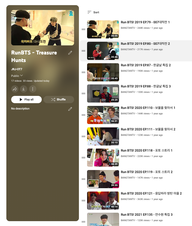 LetsBeGoodHuman's tweet image. I made a playlist with RunBTS episodes that involve some kind of treasure hunting, gathering of points, giggles galore and unforgivable betrayals amongst friends/soulmates.
From BangtanTV
For your viewing pleasure. 💜
youtube.com/playlist?list=…