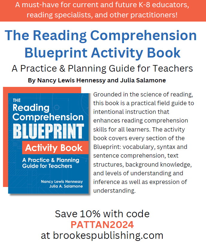 PaTTAN Literacy is pleased to annouce our nex book study!  The Reading Comprehension Blueprint Activity Book w/co-authors Nancy Hennessy &amp; Julia Salamone.  Register if you plan on attending all 7 sessions LIVE. Sessions will be recorded. Register here: pattan.net/Events/Webinar…