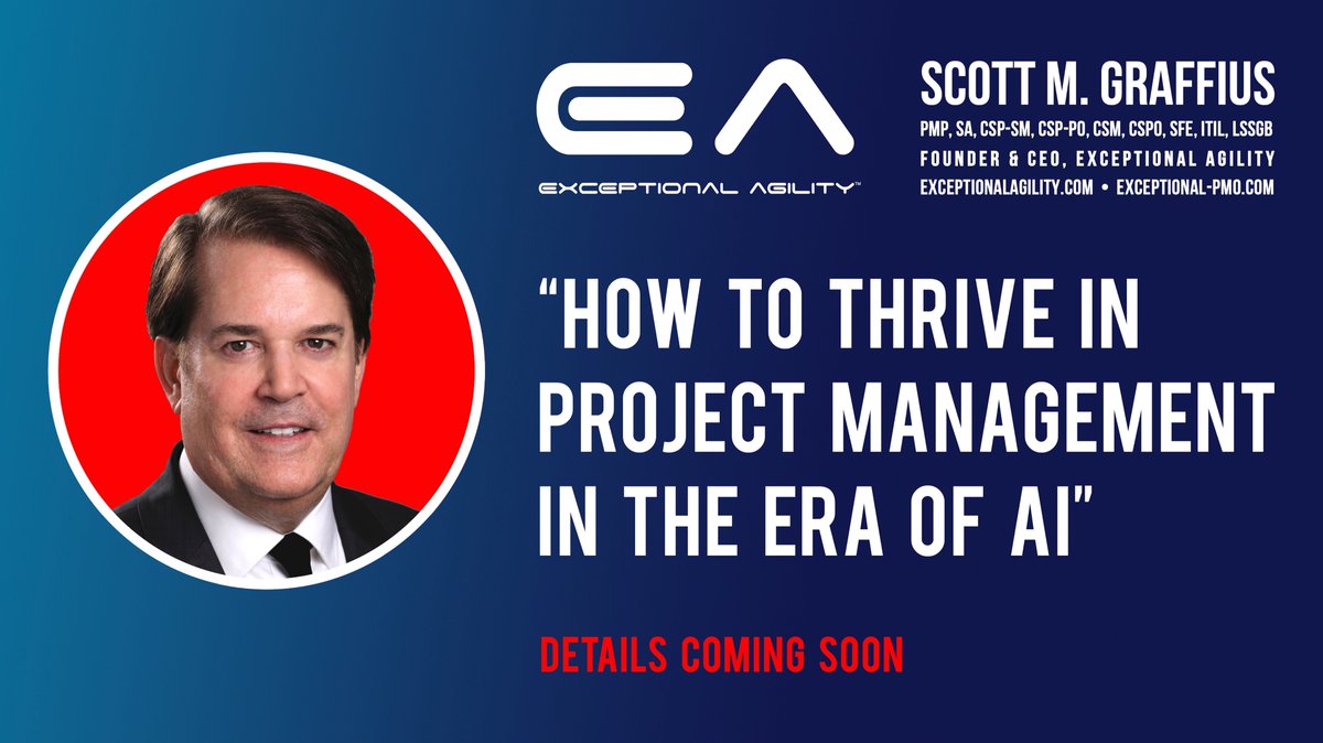 ScottGraffius's tweet photo. I'm honored to have presented 89 talks and workshops, and I'm developing a new session. The working title is: “How to Thrive in Project Management in the Era of AI.” Details coming soon.
https://t.co/7hNJGcDgeo | #Speaker #PublicSpeaker #AISpeaker #ProjectManagementSpeaker #PMOX https://t.co/X2WWWjWysg