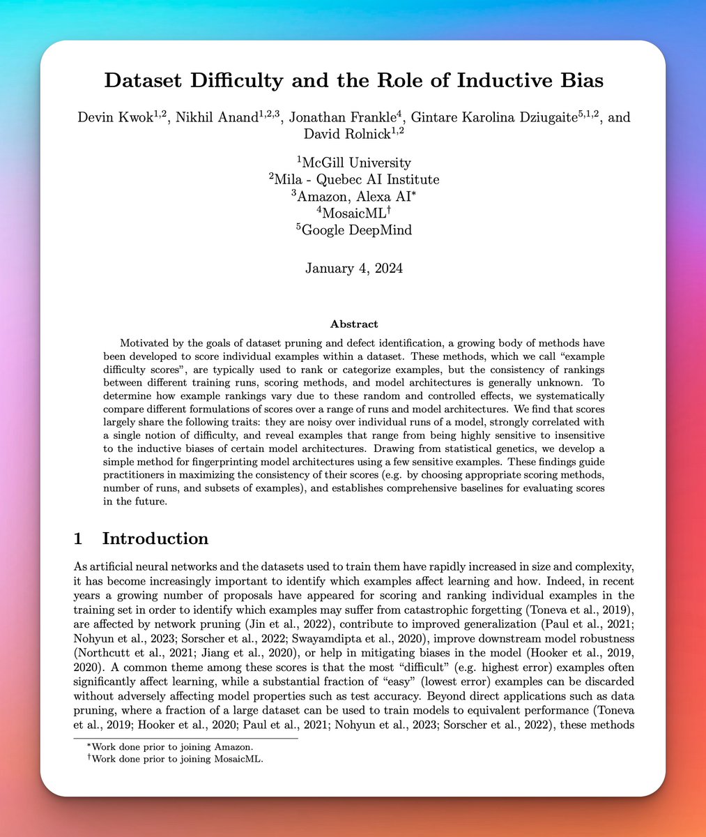 fly51fly's tweet image. [LG] Dataset Difficulty and the Role of Inductive Bias  
arxiv.org/abs/2401.01867  

This paper investigates the role of dataset difficulty and inductive bias. By comparing the rankings of different scoring methods over multiple training runs and model architectures, it is found…